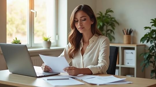 Inspiring Christian woman entrepreneur reviewing business exit documents for accessory brand in bright, faith-filled office