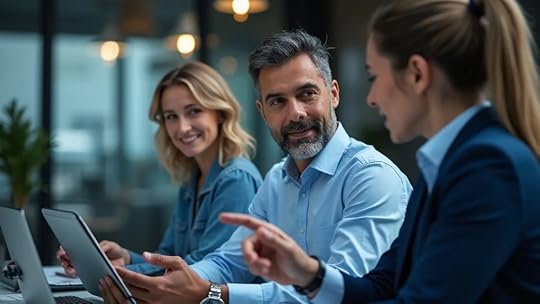 Advisor explains business exit strategy on digital tablet to Christian entrepreneur in stylish office
