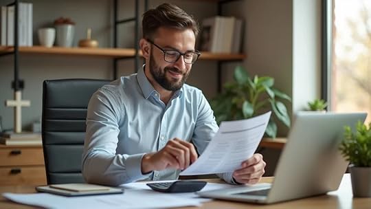 Meticulous accessories business owner reviews financial reports and discovers hidden profit before business exit