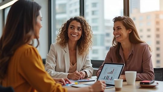 Women business owners in Dallas discussing branding strategies for how to sell a business in Dallas, set in a modern downtown office with accessories, laptops, and coffee cups.