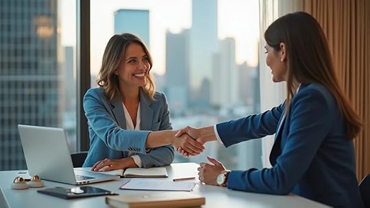 Dallas business broker meeting with woman founder to discuss how to sell a business in Dallas, overlooking the skyline and reviewing sale documents and accessories.