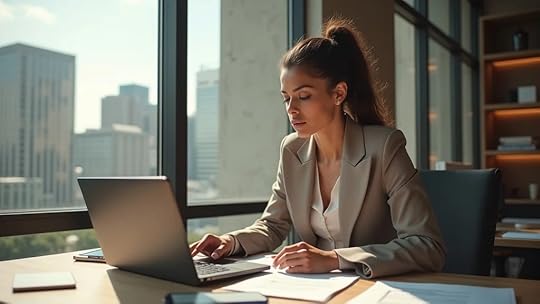 Stylish businesswoman reviewing strategy documents and laptop in a modern Austin office, business exit planning Austin