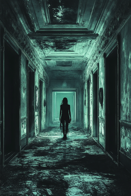 Woman walking down a dark hallway