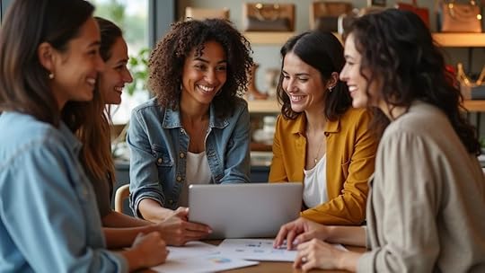 increase business valuation in Austin: Diverse group of women entrepreneurs in a modern Austin boutique reviewing a digital dashboard with fashion accessories displays, collaborating confidently in a trendy retail environment