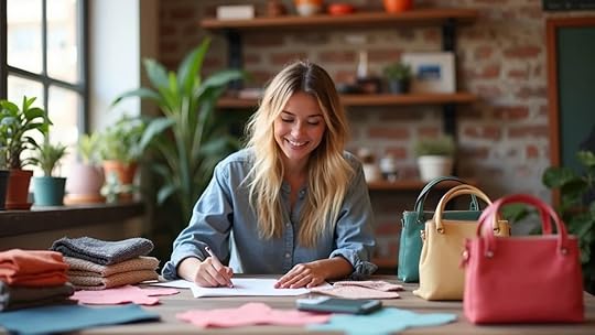 handbag designer reviewing material swatches and increasing business valuations in an Austin studio, surrounded by fashion prototypes