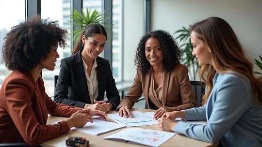 business valuation services in Dallas - Confident diverse women entrepreneurs in fashionable business attire discussing financial charts in a modern Dallas office with skyline views and accessory products on the table