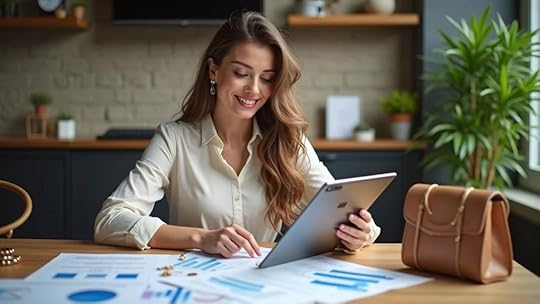 valuation expert reviewing graphs and financial documents with fashion accessories on the desk in a Dallas coworking space