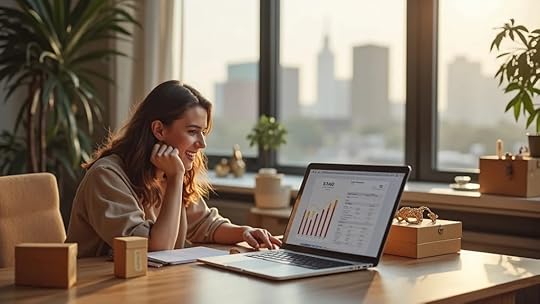 business valuation professional reviewing profit dashboard and jewelry inventory in Dallas e-commerce home office