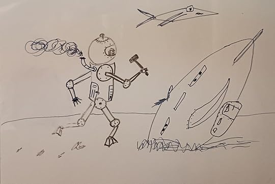 Whiteboard drawing of a steam-powered mecha wielding a giant sledgehammer, evidently attacking a downed airship, with another flying vehicle off in the background. 