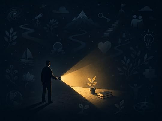 Person using a flashlight in a dark room filled with hidden possibilities, symbolizing instant manifestation and seeing beyond current reality.