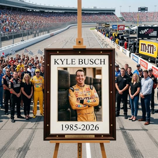 Memorial portrait of Kyle Busch at a funeral service with people mourning