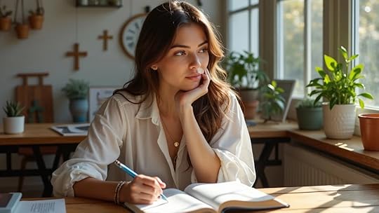 Christian woman business owner with Bible and notepad in modern accessories workspace