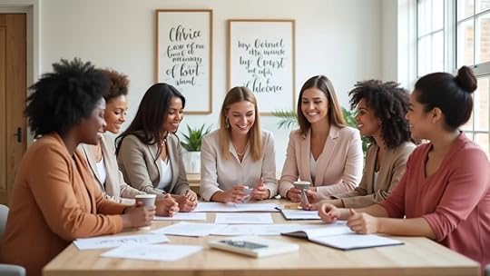 Diverse Christian women business owners collaborating with products and financial charts