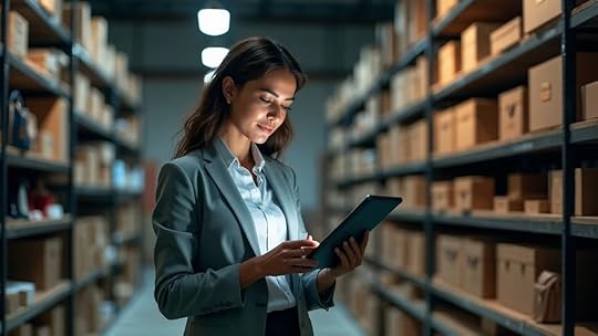 Businesswoman analyzes sales analytics with accessories inventory in background