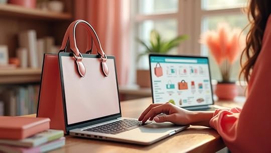 Shopper viewing e-commerce analytics and designer handbag in branded accessories home office