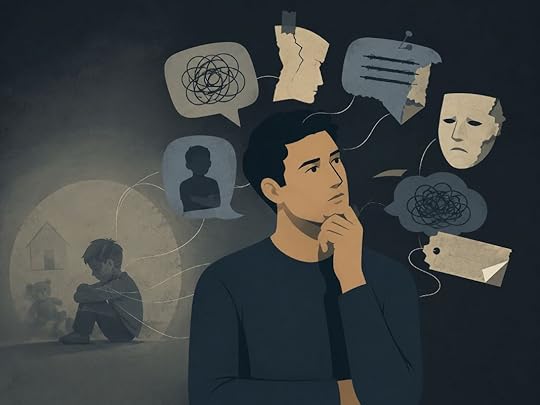 A contemplative man surrounded by negative thoughts and childhood memories, symbolizing old programming and the realization that you are a divine being.