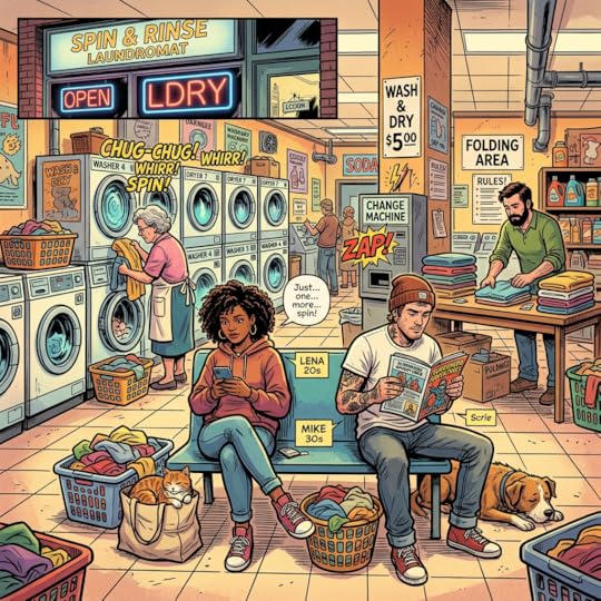 Busy laundromat interior with people folding laundry, sitting, and doing laundry