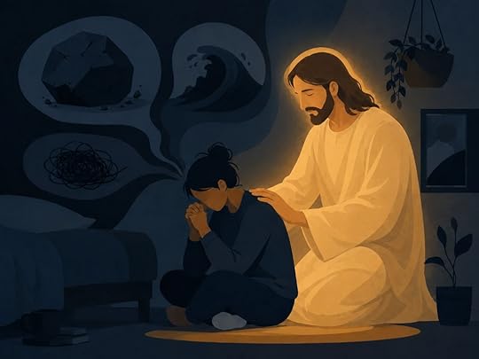 A person praying in a dark room while Jesus comforts them, showing how to pray to get what you want by moving from lack into faith and connection.
