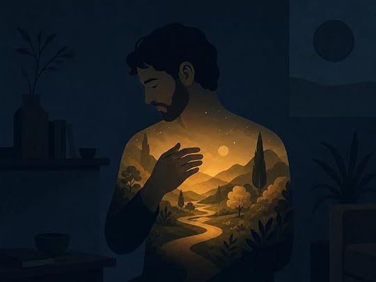 A contemplative man touches his chest as a glowing inner landscape appears within him, symbolizing how to pray to get what you want by connecting with the kingdom of God within.
