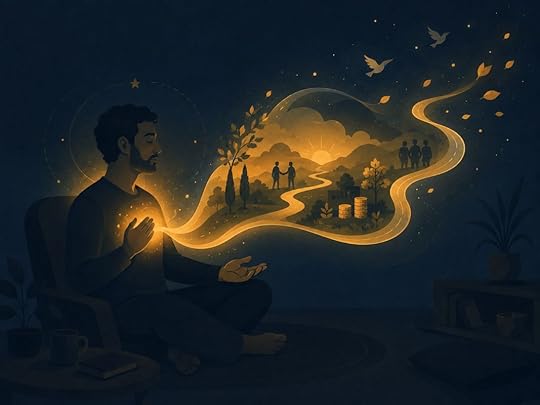 A man prays with one hand on his heart as golden light flows into a vision of blessings, showing how to pray to get what you want by speaking from faith before it appears.