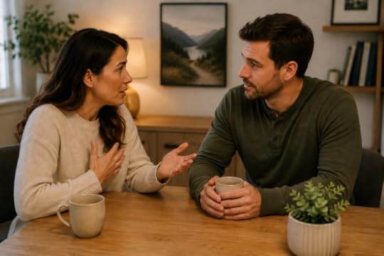 Couple calmly talking at table