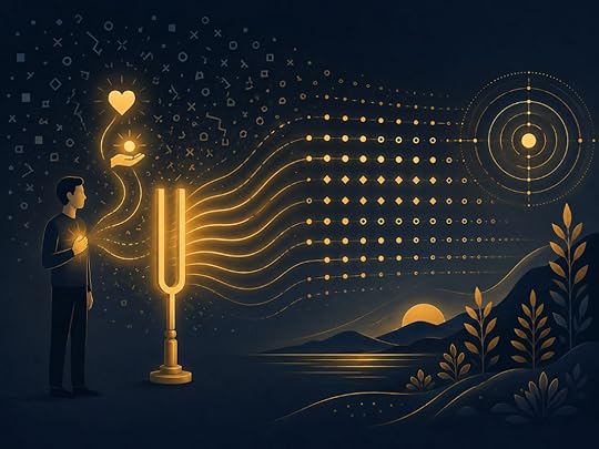 A person with a hand over their heart sends gratitude and appreciation into glowing waves of coherence, illustrating how belief creates reality through emotion, energy, and inner alignment.