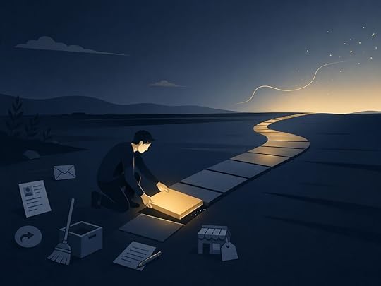 A calm person places one glowing tile into a path, symbolizing one small aligned action followed by trust and release.
