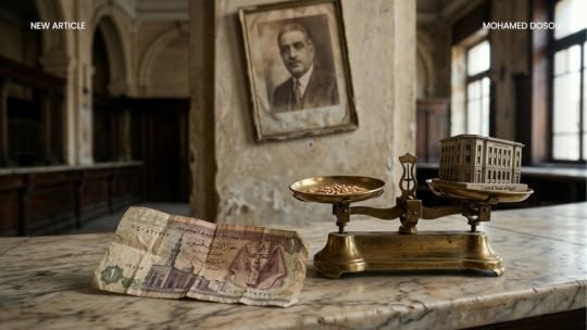 A single, simple image. An old Egyptian pound note lies crumpled on a marble bank counter. Beside it, a small brass scale: one side holds a few grains of wheat, the other holds a tiny model of the Central Bank of Egypt. The scale is tipping toward the bank. In the background, the faded portrait of Talaat Harb hangs slightly askew. No people. No flags. Just the quiet balance of a nation that is being weighed and found too heavy for its own citizens.