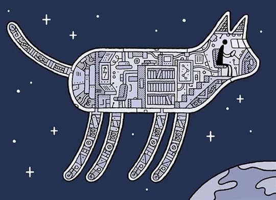 A cartoon of a cat shaped spaceship being piloted through space by a small figure