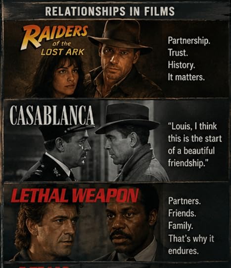 Images from Raiders of the Lost Arc, Casablanca and Lethal Weapon.