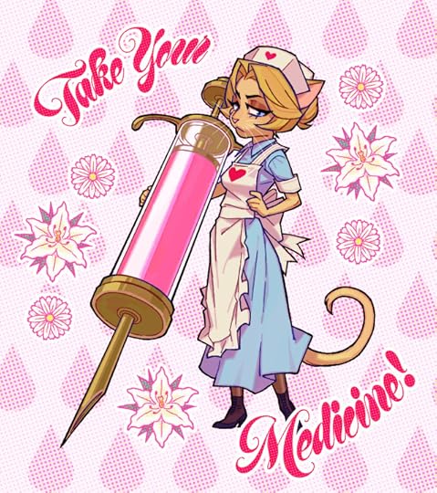 Cartoon illustration of Elsa from Lackadaisy in a nurse outfit holding a giant syringe of pink liquid, surrounded by flowers and text "Take your medicine!"
