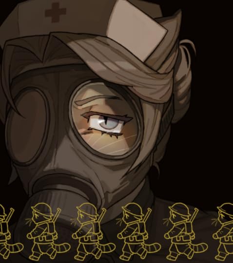 Sepia bust illustration of Elsa from Lackadaisy in an early-20th-century nurse uniform and gas mask, overlaid with a cartoon image of small cat soldiers walking in a row
