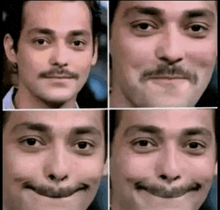 four images of a man with a mustache making different facial expressions