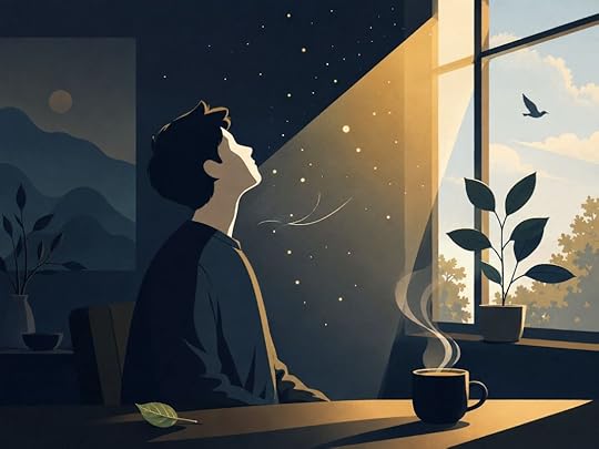 Person sitting in quiet awe as sunlight fills the room, noticing ordinary miracles like a leaf, plant, bird, and morning light, symbolizing how to raise your vibration instantly.