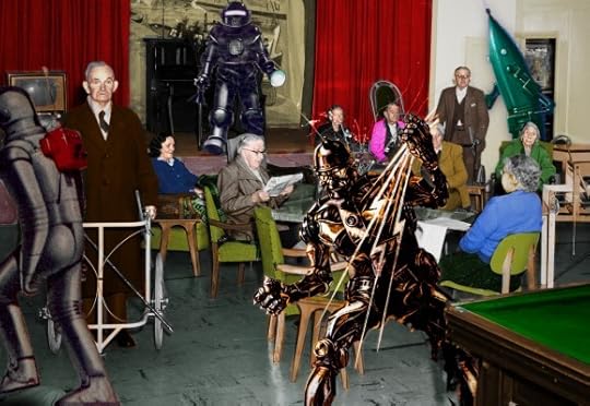 A hand-tinted image of elderly people in the lounge of a nursing home. Three killer robots have been inserted into the scene.