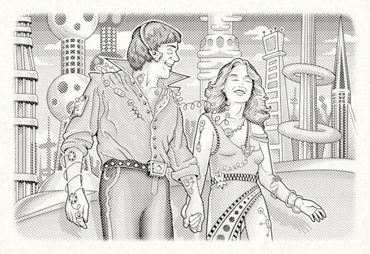 A couple dressed in futuristic clothing romantically stroll hand-in-hand through a hi-tech sci-fi city.