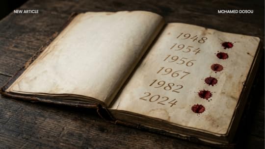 A single, weathered ledger book lies open on a dark wooden table. The left page is blank. The right page lists years in faded ink: 1948, 1954, 1956, 1967, 1982, 2024. Beside each year, a single drop of dried blood. No other text. No faces. No flags. Just the silent accounting of a century no one closed.