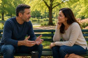 couple calmly talking in a park