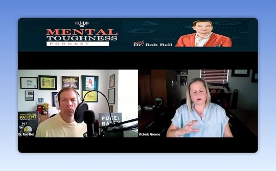 Podcast interview screenshot featuring Victoria Greene and Dr. Rob Bell on a screen.