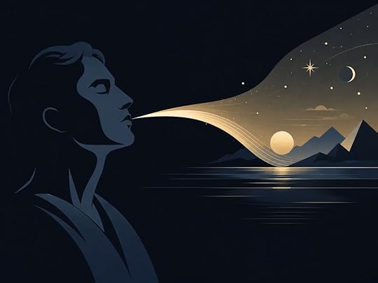 Ancient manifestation artwork showing a calm human profile speaking a golden stream of light that forms stars, mountains, water, and a glowing horizon.