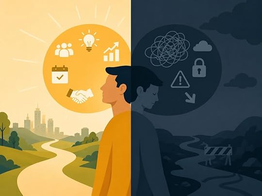 Ancient manifestation illustration showing one person split between an abundant inner state with sunlight and opportunity symbols and a lack mindset with dark clouds and blocked paths.