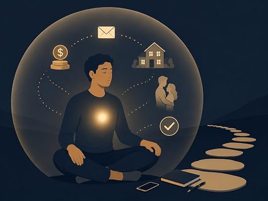 Ancient manifestation illustration of a calm person meditating with a glowing heart light, surrounded by symbols of money, home, love, approval, and aligned action.