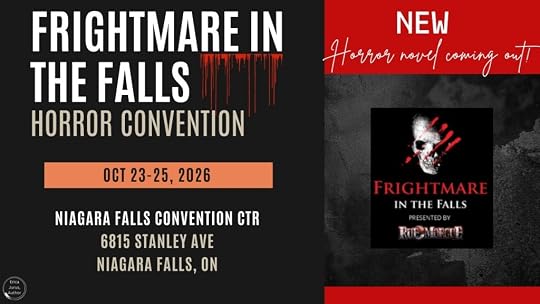 Promotional banner for 'Frightmare in the Falls' horror convention, featuring event dates, location, and a new horror novel announcement.