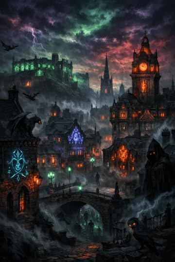 Edinburgh City comes alive as dark figures wander the cobbled streets under South Bridge. The city lies beneath the shadows of the castle, sigils glowing on the buildings in the mist filled streets beneath the stormy sky. 