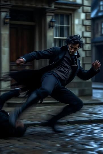 Regency spy Mr. Verling sweeping an attacker off his feet during a dangerous confrontation in Regency London.