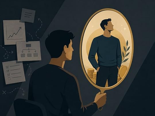 Man looking into a mirror and seeing a confident wealthy version of himself, symbolizing self-worth and how to attract money easily through identity shift