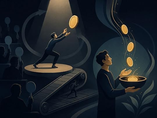 Man shifting from chasing money under pressure to calmly receiving abundance, symbolizing self-worth and how to attract money easily