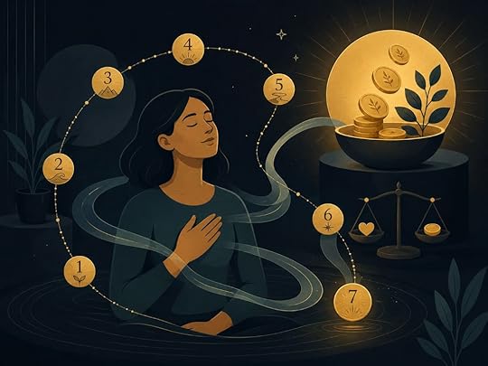 Woman practicing a calm money affirmation with hand on chest, symbolizing identity shift and how to attract money easily