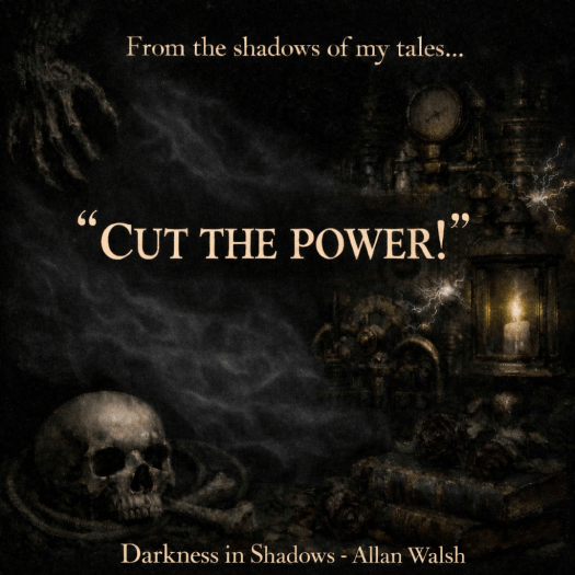 An antique machine crackles with sparks of electricity in a dark space, lit only by the soft glow of a candle lantern. The skeletal remains of some unfortunate person sit on the ground beside a pile of old books. Dying roses are placed on top of the books.