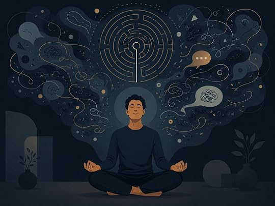 A calm person meditating as swirling thoughts reveal a pattern, showing how to meditate properly without fighting the mind.